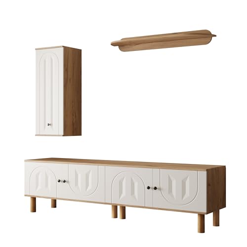 Azkoeesy Mueble de TV de 3 piezas con paneles de puerta tallados, armario colgante y estante, 170 x 40 x 50 cm, patas de madera maciza, tablero para TV, mesa de televisión, en blanco y vetas de madera