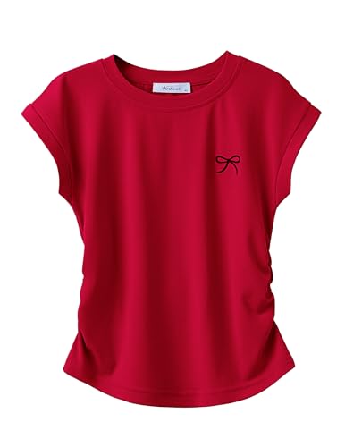 Arshiner Mädchen T-Shirts Sommer Schleifendruck Oberteil Shirt Kurzarm Rundhals Tops Tailliert geschnitten Einfarbig Tshirt Freizeit Tops Shirts Rot 150 10-11 Jahre