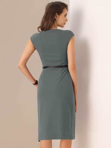 Image of Allegra K Business Dress for Women's Work Elegant 2026 Cap Sleeve Belted Office Sheath Dresses