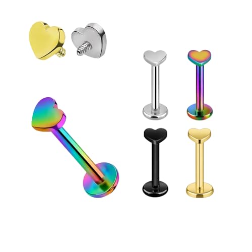 Image of AZTAZ Titanium G23 Internally Threaded Heart Nose or Lip Labret or Earring - High Polish 16G for Ear, Helix, Tragus. Hypoallergenic 4 mm Flat Back Base, 7-10 mm Length