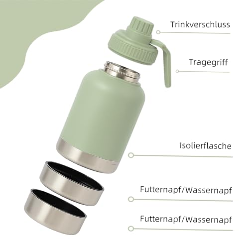 3-in-1 Hundetrinkflasche für unterwegs 1000ml Edelstahl – Hundewasserflasche to Go mit Napf & Futterfach, auslaufsichere Hunde Trinkflasche, Hundezubehör für Spaziergang, Reisen & Outdoor (32oz)