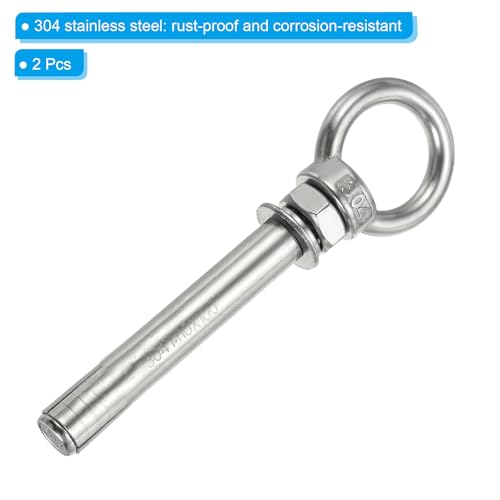 Image of PATIKIL Expansion Eye Bolt M10x100mm, 2 Pack 304 Stainless Steel Shoulder Anchors Eyebolt Screw with Eye Ring for Concrete Brick Walls Canopy Engineering Rigging Silver