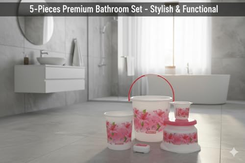 Image of MODWARE Floral Bathroom Set, 5 Pieces, Polypropylene, 20 L Bucket with Mug, Soap Case, Open Dustbin, Stool (Pink)