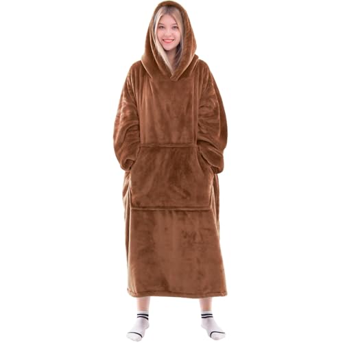 Image of Waitu Wearable Blanket Sweatshirt Gifts for Women and Men, Warm and Cozy Giant Blanket Hoodie, Thick Flannel Blanket with Sleeves and Giant Pocket - Camel