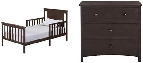 Oxford Baby 2 PC Nursery Set Lazio Wood Frame Toddler Bed with Guardrails and Straight-Line -Headboard, Snow White Universal 3-Drawer Dresser, Espresso Brown