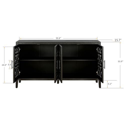 Image of Black Farmhouse Buffet Sideboard Cabinet with Carved Doors, Vintage Accent Storage Cabinet for Dining Room, Living Room, Entryway & Coffee Bar