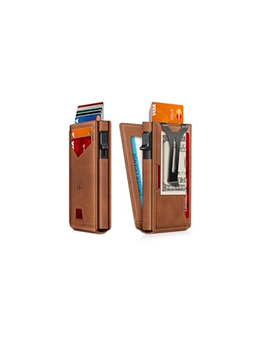 Image of Wallet for Men, Slim Minimalist Wallet with Money Clip＆ID Window, RFID Blocking Pop-Up Credit Card Holder, Smart Auminum Mens Wallet Holds 9-13 Cards (Gift Box) (Brown)