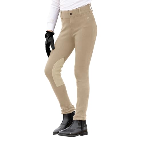HORZE Nora Girls Riding Pants with Leather Knee Patch | Kids Equestrian Girls Jodhpurs Breeches | Size Chart in Images - Tan - XXS