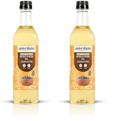Image of Anveshan Wood Pressed Sunflower Oil 1L | Plastic Bottle | Kolhu /Chekku | Extracted on Wooden Churner | Natural | Chemical-Free | Cold Pressed Sunflower Oil for Cooking (Pack of 2)