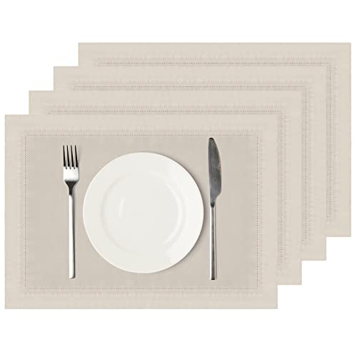 Bykitchen Pure Linen Dinner Placemats, 14 X 19 Inch, Set Of 4, 100% Pure Linen Hemstitch Placemats Set, Linen Dinner Napkins, Natural Fabric, Machine Washable, Handcrafted #TOP19
