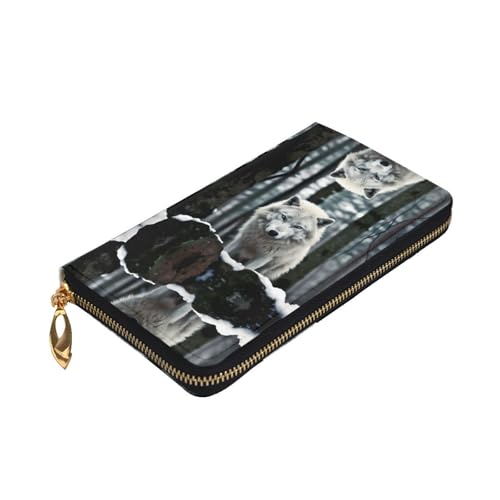 Stylish A Lone Wolf Printing Leather Wallet - Long Clutch for Women, RDurable Material, 12 Card Slots, Zipper Compartments3