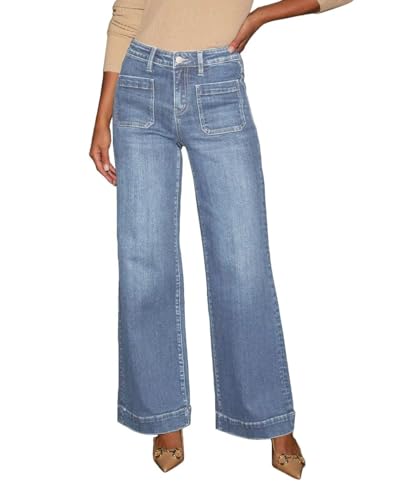 HENGAO Women's Wide Leg Jeans Baggy High Waisted Stretchy Denim Pants, Boyfriend Casual Style with Pockets