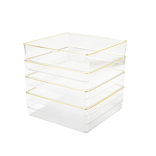 Image of Martha Stewart Kerry Plastic Stackable Office Desk Drawer Organizers, 6 inch x 6 inch, 4 Pack, with Gold Trim