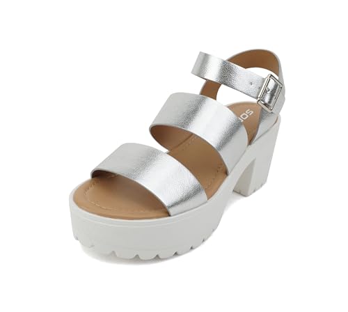 Image of Soda ACCOUNT ~ Women Open Toe Two Bands Lug sole Fashion Block Heel Sandals with Adjustable Ankle Strap