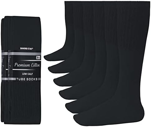 Diamond Star Men's 6 Pack Athletic Tube Socks Running Sports Over The Calf Cushioned Premium Soft Cotton Big and Tall (Black)