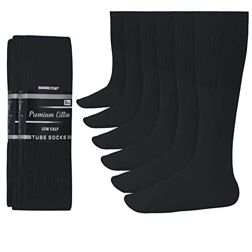 Diamond Star Men's 6 Pack Athletic Tube Socks Running Sports Over The Calf Cushioned Premium Soft Cotton Big And Tall (Black) #TOP26