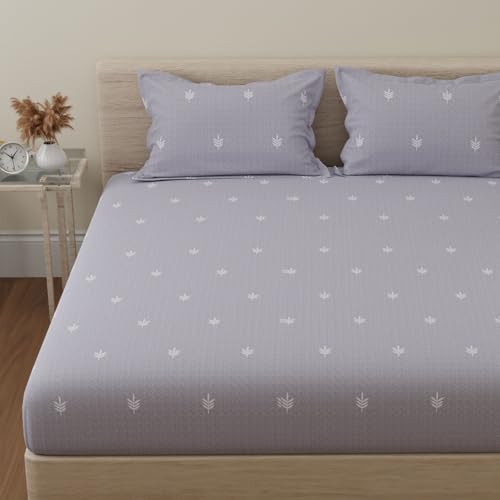 Image of Huesland by Ahmedabad Cotton 144 TC Cotton Elastic Fitted Bedsheet for Double Bed with 2 Pillow Covers | 60 x 78 inches