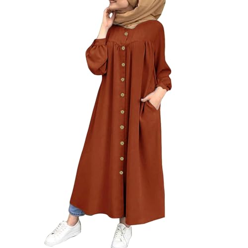 Vestidos musulmanes para mujer, otoño, color liso, manga larga, botones, cuello redondo, bolsillo, talla grande, vestidos largos para oficina, ocio, casual, cómodo, transpirable, túnica de oración