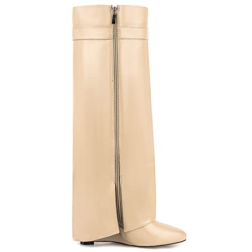Image of Fold Over Boots for Women Pointy Pull-on Wedge Heel Knee Shark Boot With Side Zipper Padlock Design