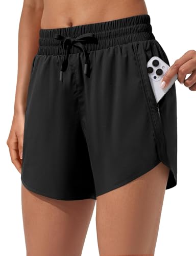 ASPO Womens 5 Athletic Shorts Quick Dry Running Shorts Lightweight Gym Workout Shorts with Zipper Pockets UPF 50+ Black L