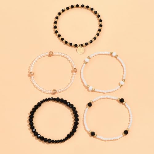 xuzhiyuan Boho Stackable Beaded Bracelet Set – 5Pcs Colorful Elastic Layered Bracelets with Gold Accents Coin, Trendy Summer Jewelry for Women4