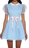 NUFIWI Women Girls Blue Twin Dress Halloween Costume Shining Creepy Twins Puff Sleeve Short Dress Maid Lolita Dress with Belt(Belt Pink,S)
