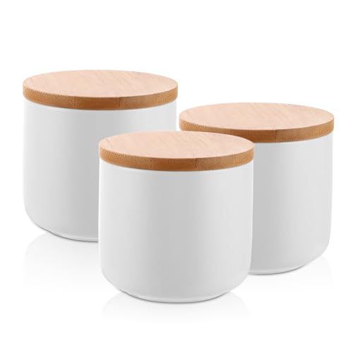 ZOFUN 3 PCS Vorratsdose aus Keramik, Keramikdose mit deckel, 260ML Keksdose Keramik, Aufbewahrungsbox mit Bambus-Deckel und Silikonring Frischhaltedose für Kaffee, Zucker, Tee, Müsli, Mehl, Gewürze
