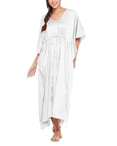 Oussum Women Plus Size Kaftan Dress Solid Satin Maxi Kimono Sleeves Night Gown Dresses Comfortable Lounge Wear for Ladies (White)