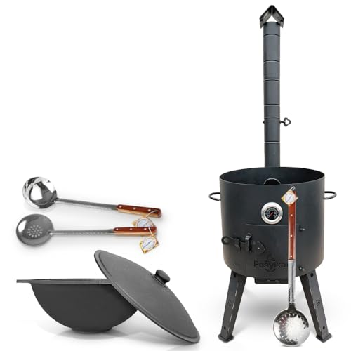 Utschak - Horno de fuego de 44 cm de diámetro, 2 mm, acero con termómetro uzbeko kazan 16 l, base plana, kazan Учаг Uchag казан hierro fundido horno учак (set 4)