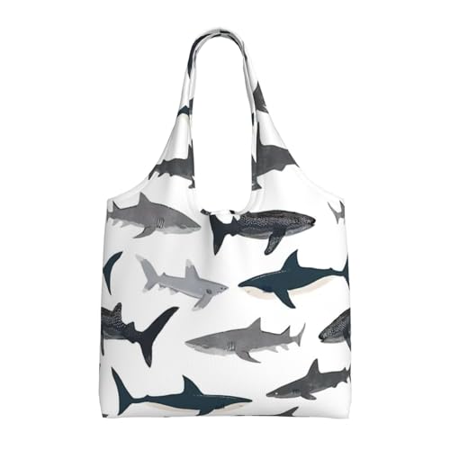 Sharks Nautical Print Aesthetic Canvas Tote Bag - Reusable Shoulder Tote Bag For Women Lady Casual Vacation, Shopping, Work, Gym