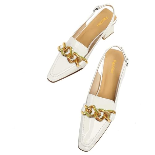 Pazzion Women Chic Closed Square Toe Chunky Heel Slingback Pumps Slip On Mid Heel Gold Chain Loafers Formal Ladies Office Business Shoes Size 4-16 US2