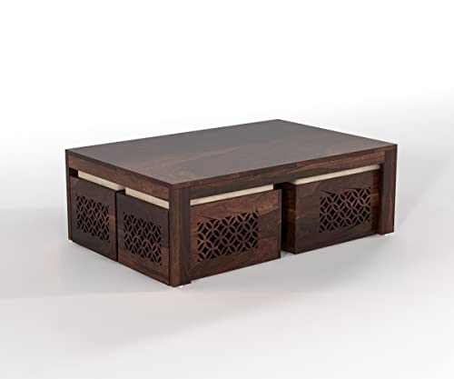 Image of Sheeshsam Wooden Coffee Table with 4 Stools for Living Room - Solid Wood Coffee Table with Cushion Seating Stools Tea Table Teapoy Center Piece for Home Sofa Center Table (Norris Walnut)