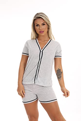 Pijama Americano Feminino, Short Doll estampado com blusa aberta com botões, baby doll blogueira pós