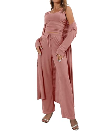 Image of 3 Piece Lounge Sets for Women Airport Travel Outfit | Long Cardigan,Tank Top ,Wide Leg Pants with Pockets,Comfy Loungewear,Casual Chic, Airplane Clothing,Vacation Matching Set