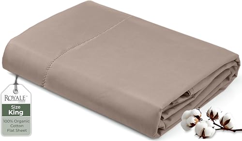 Image of Royale Linens 100% Organic Cotton King Flat Sheet Only - Super Soft - Percale Top Sheets - King Flat Sheet Sold Separately - Breathable, Cool & Crisp White Sheets Only (105 inch x 102 inch, Mocha)