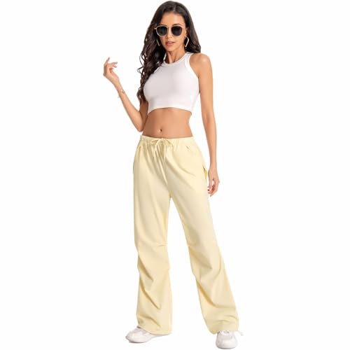 Parachute Pants for Woman Baggy Cargo Pants Drawstring Elastic Waist Y2K Causal Trousers with 4 Pockets