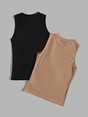 Floerns Women's 2 Piece Sleeveless Rib Knit Round Neck Camisole Tank Top Black Camel L #TOP1
