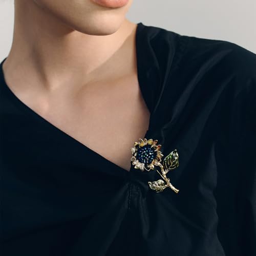 Image of Sunflower Brooch pin with hand beading, She's Free Style Just For You Flower Oil Dropping Brooches for women, Metal Plating Process Safety pins with Nail Bead Crystal