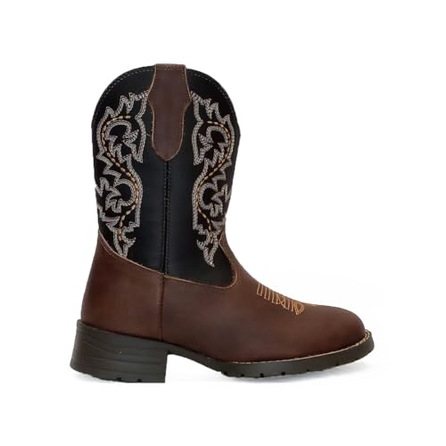 Bota Texana Infantil Unissex em Couro Legítimo Marrom com Cano Bordado Country Rodeio Vaquejada Kape