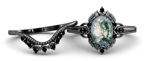 2.0 ctw Moss Agate/Onyx/Opal Ring Set For Women Gothic Black Halo Engagement Bridal Wedding Ring Set 10k/14k/18k Real Gold Natural Oval Cut Moss Rings Gifts For Anniversary Valentine's Day3