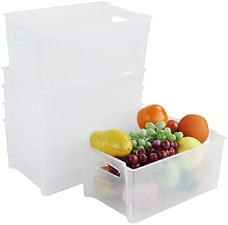 Afromy Set of 6 Plastic Stacking Open Storage Boxes for Freezer, Household Storage Baskets, Rectangular Box, Clear, f