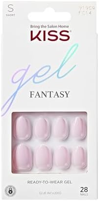 KISS Gel Fantasy, Press On Nails, Nail glue included, 'Pure Love', Pink, Short Size, Almond Shape, Includes 28 Nails, 2G Glue, 1 Manicure Stick, 1 Mini File
