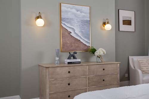 Image of Yosoan Aged Brass Gold Vintage Bathroom Wall Sconce with Striped Shade, 1-Light Classic Indoor Vanity Hardwired Wall Mounted Light, Frosted Milky White Ribbed Glass Shade for Bedroom Hallway(Antique)