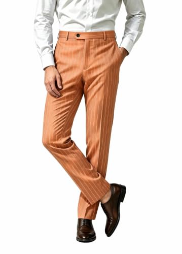 Peach Orange Mens Pinstripe Dress Suit Pants Slim Fit Work Outfit 42W X 32L