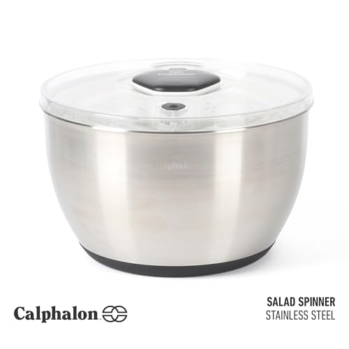 Image of Calphalon Aero 6.3-Qt Stainless Steel Salad Spinner, Fruit & Vegetable Washer Bowl with Strainer Basket for Washing Lettuce, Spinach, Herbs & Fresh Produce