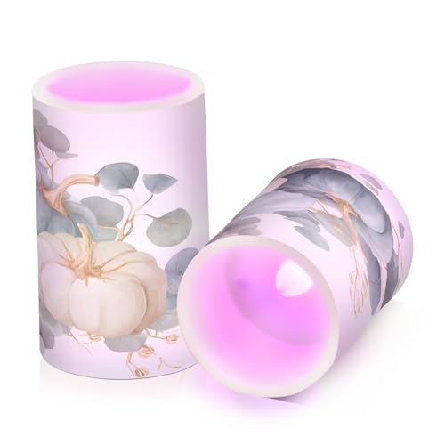 Image of ALAZA Fall Blue Pumpkin Thanksgiving Flickering Flameless Candles Battery Operated with Remote Timer,Tea Light Candles LED Pillar Votive Candles Set of 2 for Outdoor Indoor Decorations