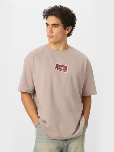 Image of The Souled Store IT: Derrys Calling Men and Boys Short Sleeves Round Neck Beige Graphic Printed Cotton Oversized T-Shirts