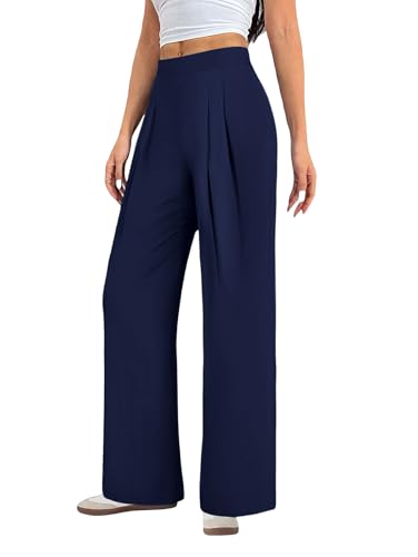 JEKAOYI Women's High Waisted Casual Pants Wide Leg Stretchy Business Dress Work Pull On Trousers Navy