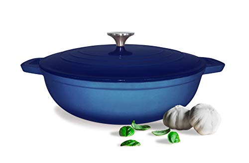 Smith-Style Schmortopf aus emailliertem Gusseisen, mit Deckel, für Ofen, 30 cm, rund, flach, antihaftbeschichtet, Keramik- und Emaille-Beschichtung, für Kochen, Grill, Marineblau, 4,2 l Cover