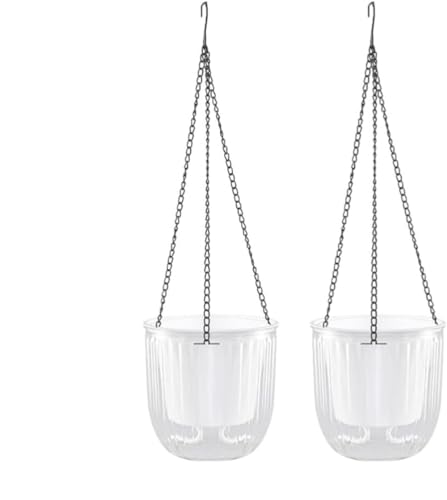 Fiegcit 自己給水 プランター 植木鉢 ハンギングプランター 2pcs 吸水ロープ付き 2重構造 吊り下げ 壁掛け 多肉植物 観葉植物 ハーブ サボテン 花栽培適用 おしゃれ 屋内 屋外 グリーン (21cm,純粋な透明感のある縦ライン)